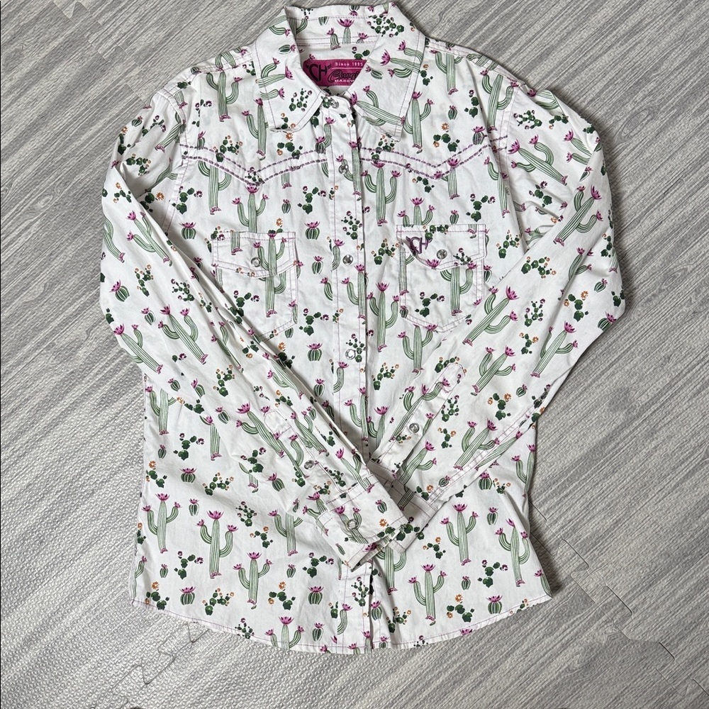 Cowgirl Hardware White and Green Cactus Print Western Shirt Size Large